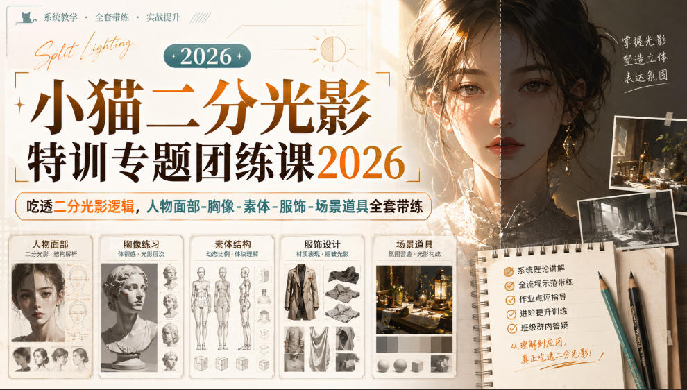 小猫二分光影特训专题团练课2026｜吃透二分光影逻辑，人物面部‑胸像‑素体‑服饰‑场景道具全套带练，高清画质附赠课件与笔刷-UUY