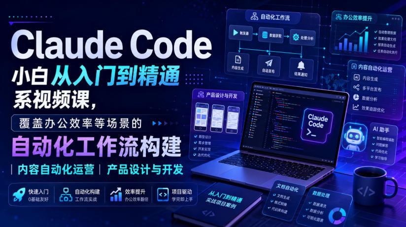 Claude Code小白从入门到精通系视频课，覆盖办公效率等场景的自动化工作流构建|内容自动化运营|产品设计与开发-UUY