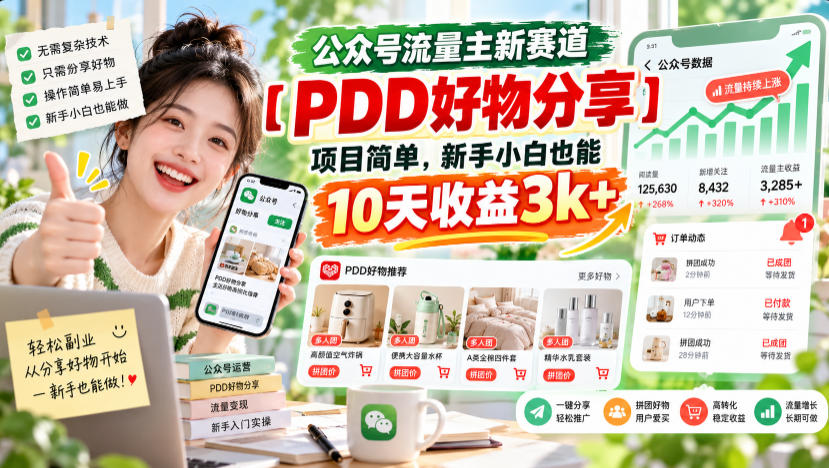 公众号流量主新赛道【PDD好物分享】，项目简单，新手小白也能10天收益3k+-UUY