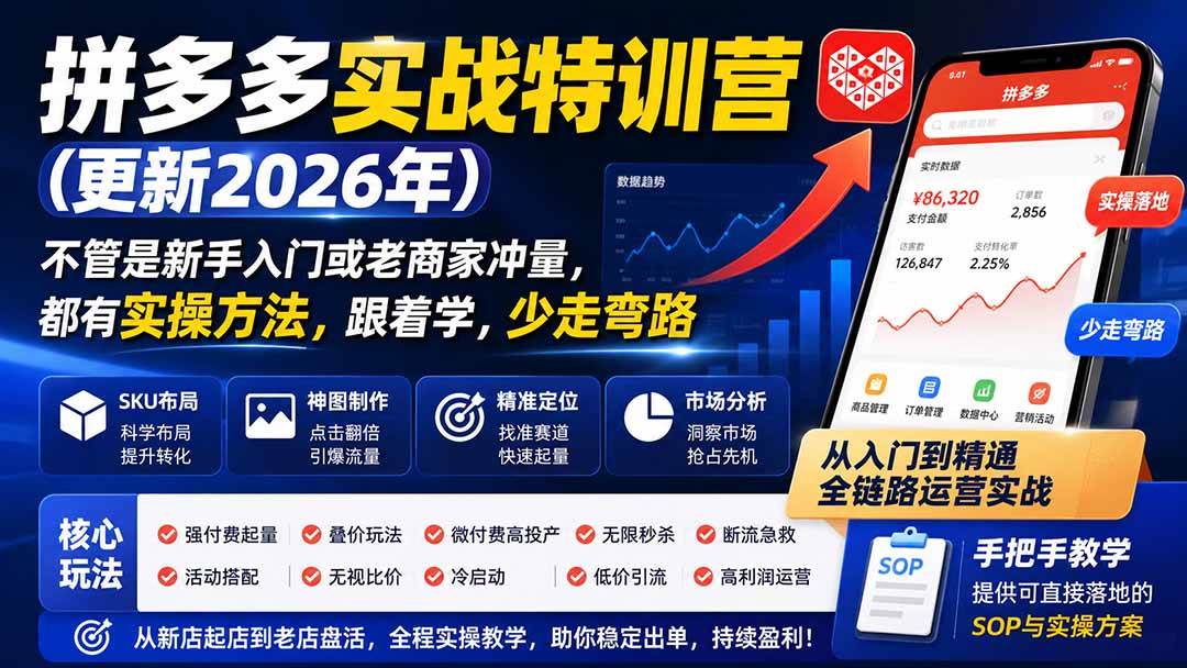 （19988期）拼多多实战特训营(更新26年0821)：不管是新手入门或老商家冲量，都有实操方法，跟着学，少走弯路-UUY