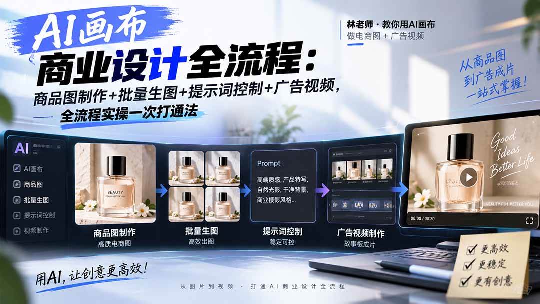 （20576期）AI画布商业设计全流程：商品图制作+批量生图+提示词控制+广告视频，全流程实操一次打通法-UUY
