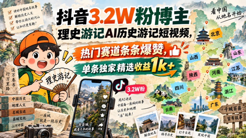 抖音3.2W粉博主理史游记AI历史游记短视频教学，热门赛道条条爆赞，单条独家精选收益1k+-UUY