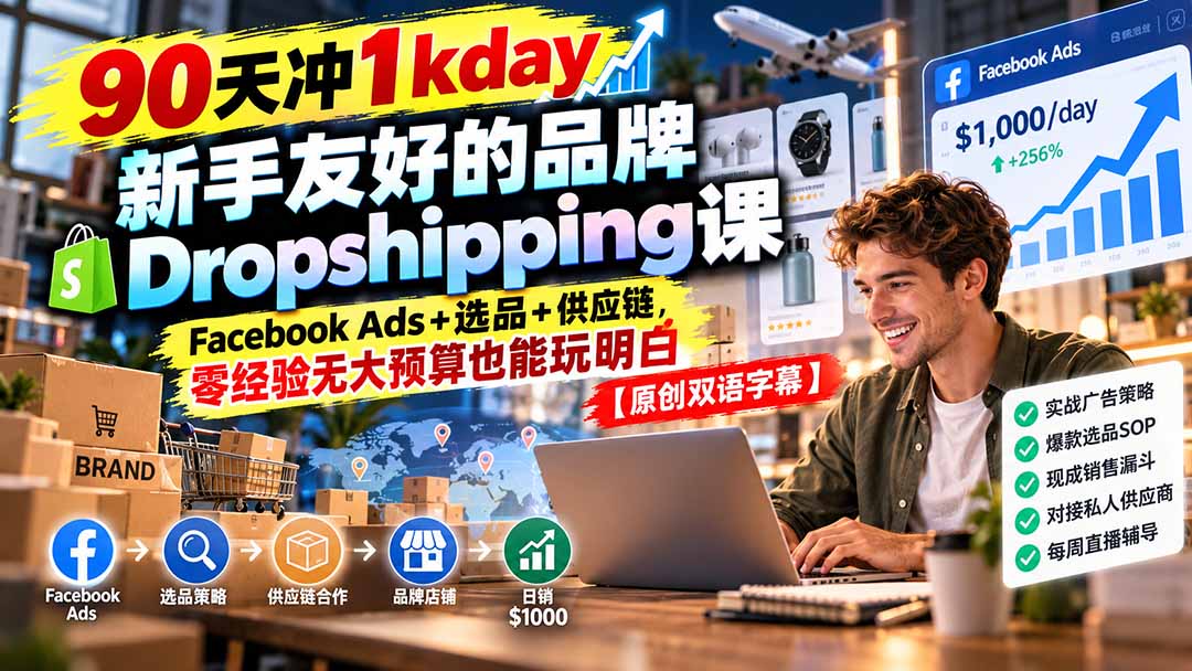 90天冲1kday 新手友好的品牌Dropshipping课：Facebook Ads+选品+供应链，零经验无大预算也能玩明白【原创双语字幕】-UUY