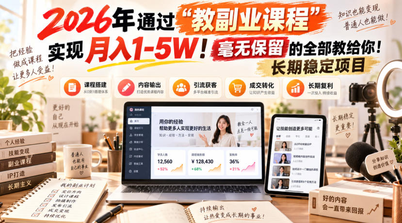 2026年通过“教副业课程”实现月入1-5W！毫无保留的全部教给你！长期稳定项目【揭秘】-UUY