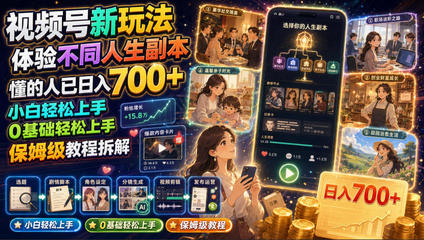 视频号新玩法体验不同人生副本，懂的人已日入700+，小白轻松上手，0基础轻松上手，保姆级教程拆解-UUY