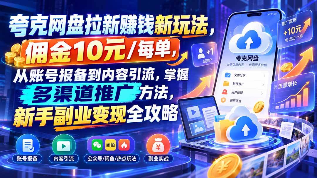 （21108期）夸克网盘拉新赚钱新玩法，佣金10元/每单，从账号报备到内容引流，掌握多渠道推广方法，新手副业变现全攻略-UUY