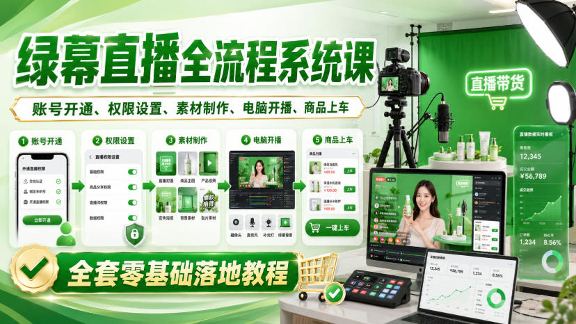 绿幕直播全流程系统课，账号开通、权限设置、素材制作、电脑开播、商品上车全套零基础落地教程-UUY