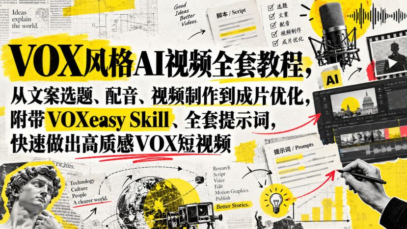 VOX风格AI视频全套教程，从文案选题、配音、视频制作到成片优化，附带VOXeasy Skill、全套提示词，快速做出高质感VOX短视频-UUY