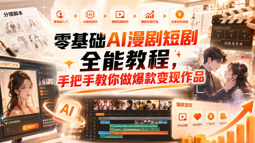 零基础AI漫剧短剧全能教程，从AI智能体搭建、文案脚本分镜、多平台AI生视频、剪映精修，覆盖全题材创作，手把手教你做爆款变现作品-UUY