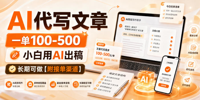 AI代写文章，一单100-500，小白用AI出稿，长期可做【附接单渠道】【揭秘】-UUY