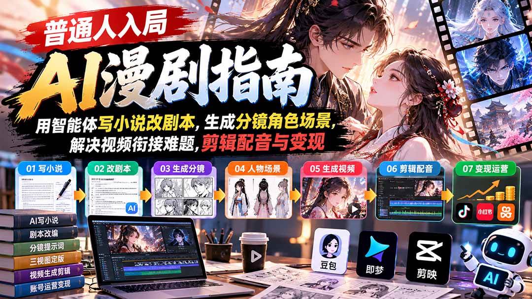 （21033期）【无水印】普通人入局AI漫剧指南：用智能体写小说改剧本，生成分镜角色场景，解决视频衔接难题，剪辑配音与变现-UUY