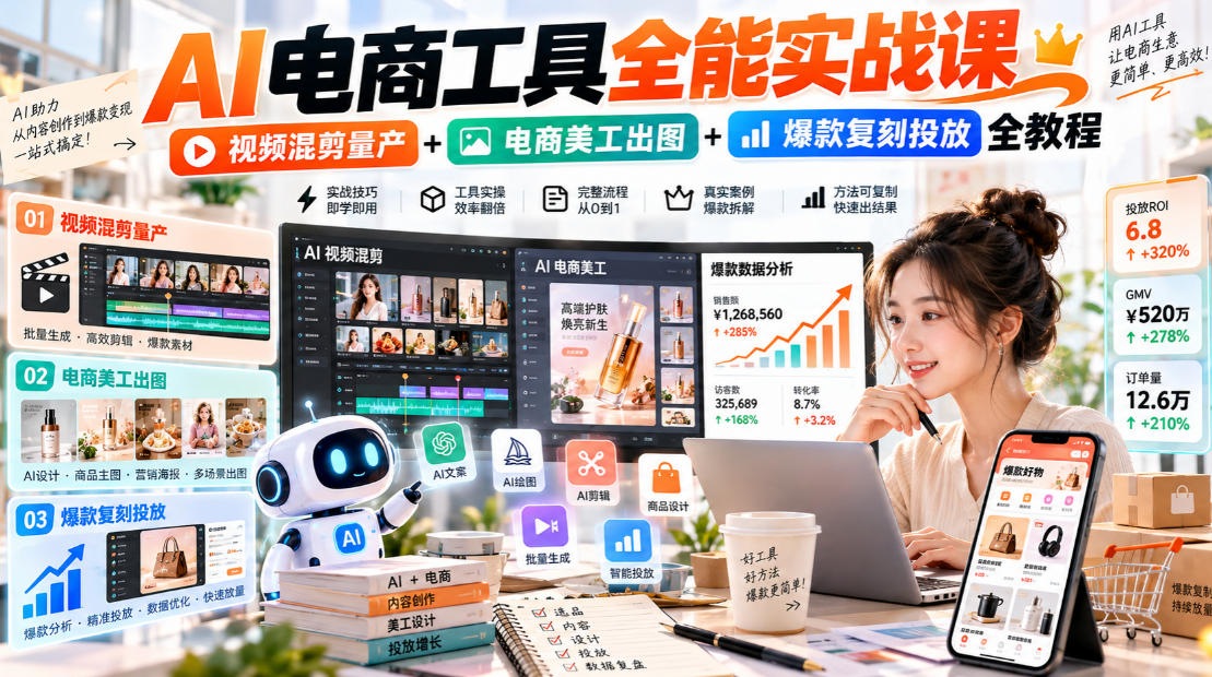 AI电商工具全能实战教学，视频混剪量产+电商美工出图+爆款复刻投放全教程-UUY
