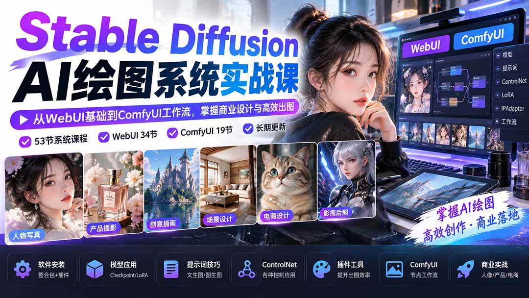 (20678期)Stable Diffusion AI绘图系统实战课:从WebUI基础到ComfyUI工作流,掌握商业设计与高效出图-UUY