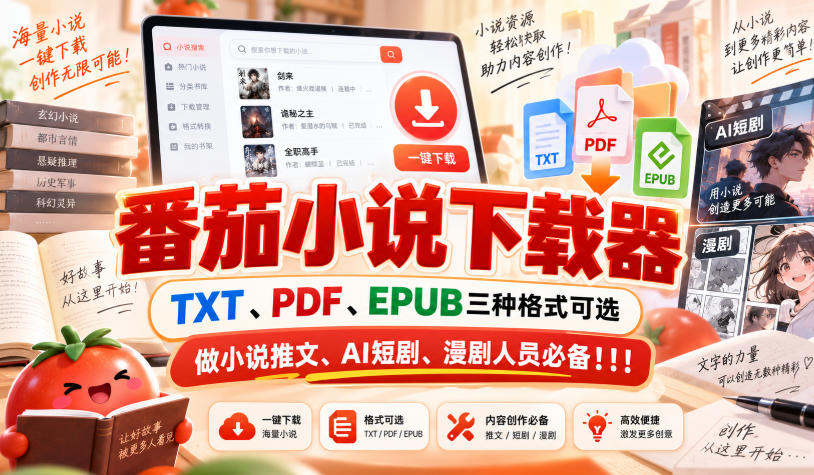 番茄小说下载器，TXT、PDF、EPUB三种格式可选，做小说推文、AI短剧、漫剧人员必备！！！-UUY