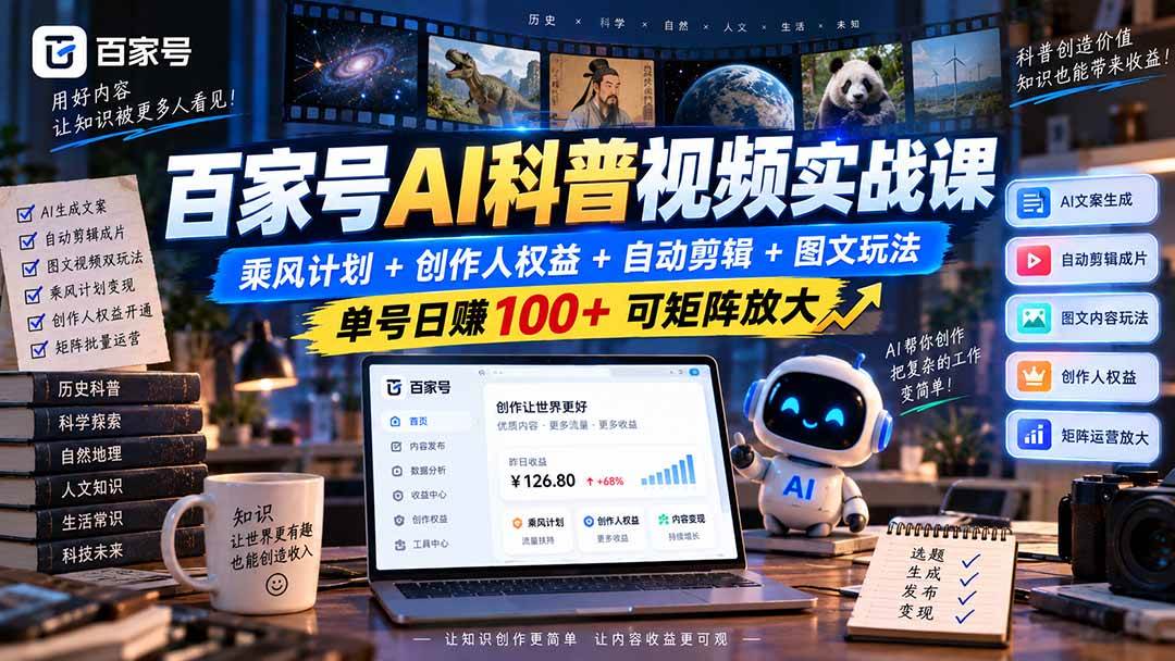 （20579期）百家号AI科普视频实战课：乘风计划+创作人权益+自动剪辑+图文玩法，单号日赚100+可矩阵放大-UUY