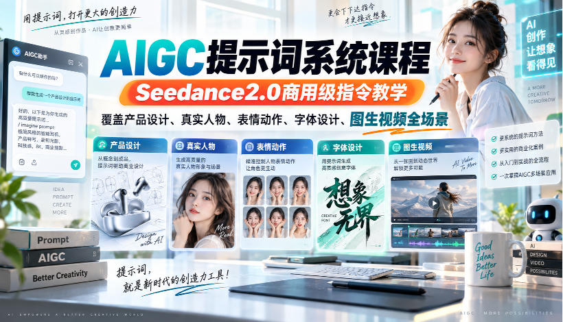 AIGC提示词系统课程，Seedance2.0商用级指令教学，覆盖产品设计、真实人物、表情动作、字体设计、图生视频全场景-UUY