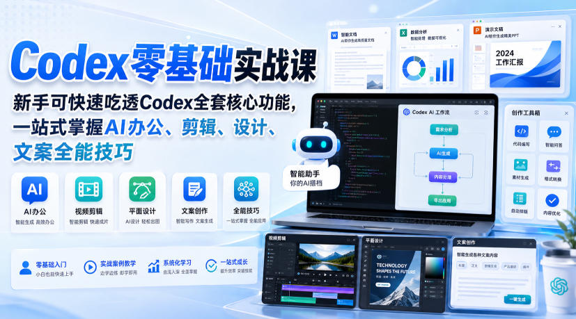 Codex零基础实战课，新手可快速吃透Codex全套核心功能，一站式掌握AI办公、剪辑、设计、文案全能技巧-UUY
