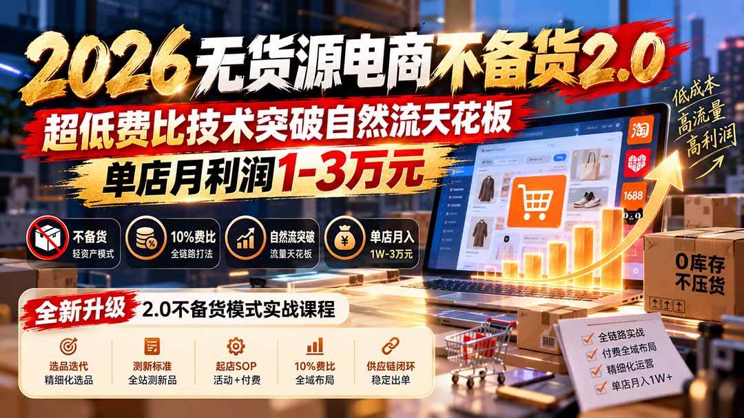 （20896期）2026无货源电商不备货2.0【更新1010】：超低费比技术突破自然流天花板，单店月利润1-3万元-UUY