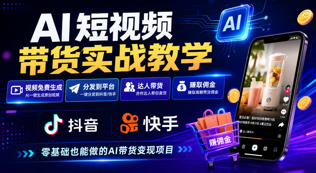 AI短视频带货实战教学，视频免费生成，分发到抖音快手平台，达人带货賺佣金-UUY
