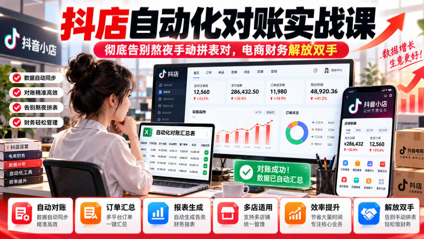 抖店自动化对账实战课，彻底告别熬夜手动拼表对，账电商财务解放双手-UUY