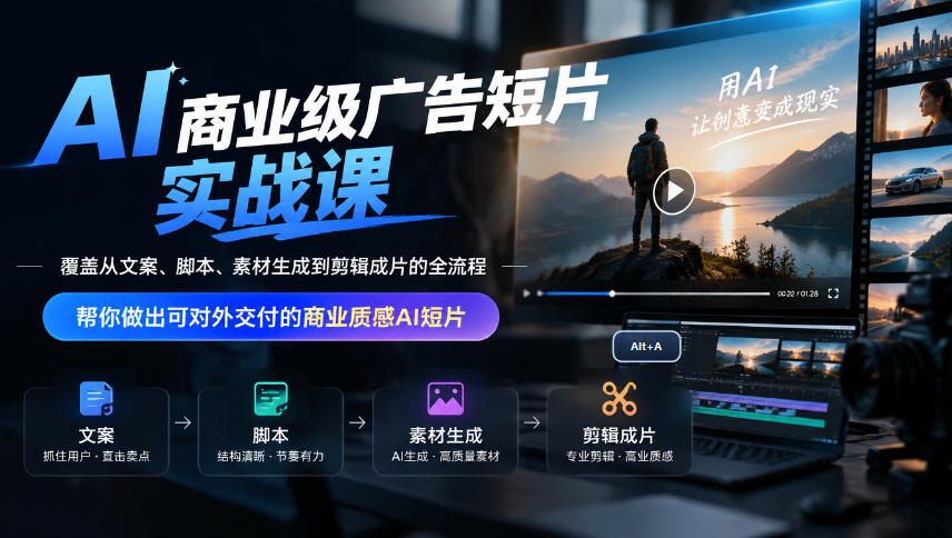 AI商业级广告短片实战课，覆盖从文案、脚本、素材生成到剪辑成片的全流程，帮你做出可对外交付的商业质感AI短片-UUY