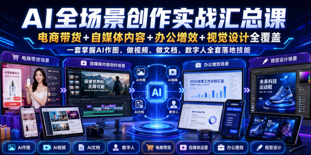 AI全场景创作实战汇总课｜电商带货+自媒体内容+办公增效+视觉设计全覆盖，一套掌握AI作图、做视频、做文档、数字人全套落地技能-UUY