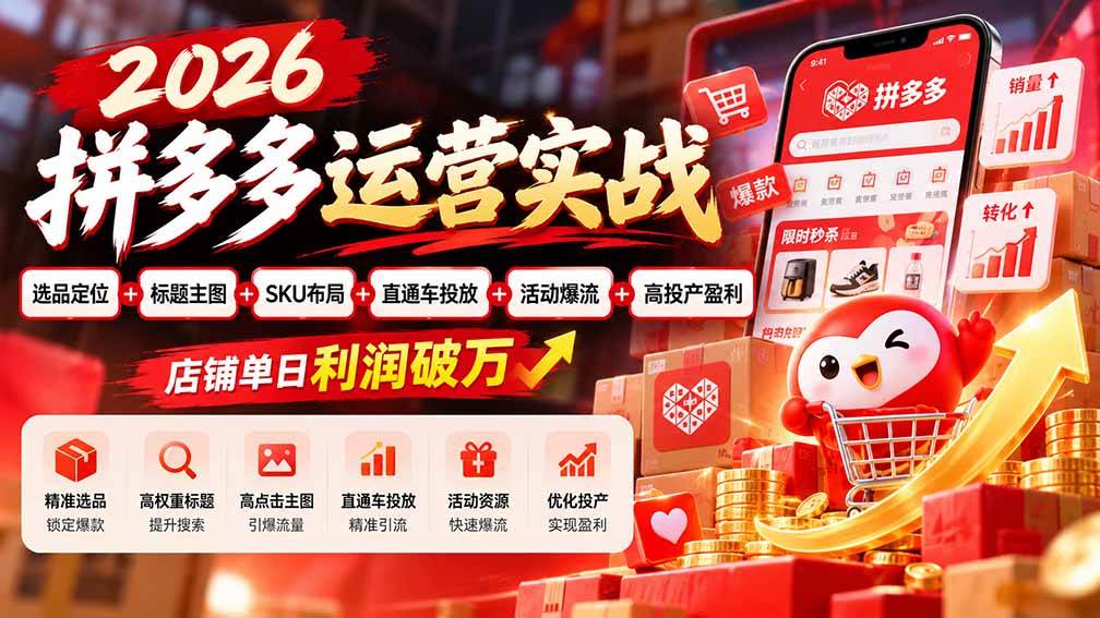 （20778期）2026拼多多运营实战-更新1002：选品定位+标题主图+SKU布局+直通车投放+活动爆流+高投产盈利 店铺单日利润破万-UUY