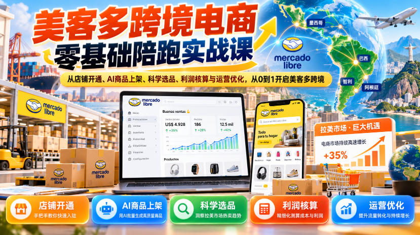 美客多跨境电商零基础陪跑实战课：从店铺开通、AI商品上架、科学选品、利润核算与运营优化，从0到1开启美客多跨境-UUY