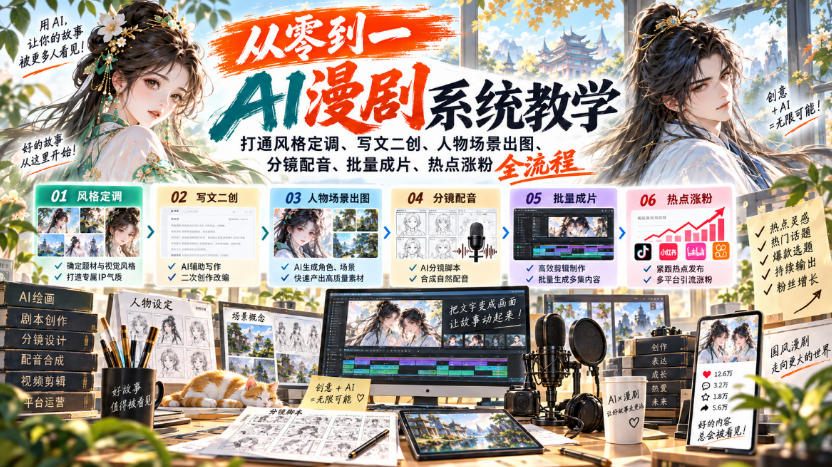 从零到一AI漫剧系统教学，打通风格定调、写文二创、人物场景出图、分镜配音、批量成片、热点涨粉全流程-UUY