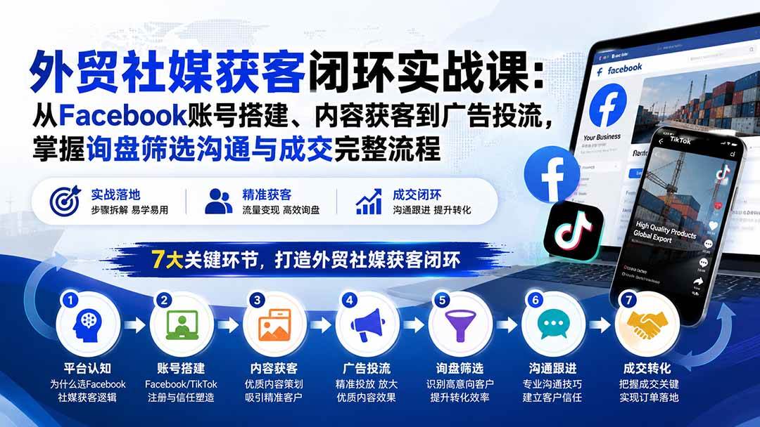 （20318期）外贸社媒获客闭环实战课：从Facebook账号搭建、内容获客到广告投流，掌握询盘筛选沟通与成交完整流程-UUY
