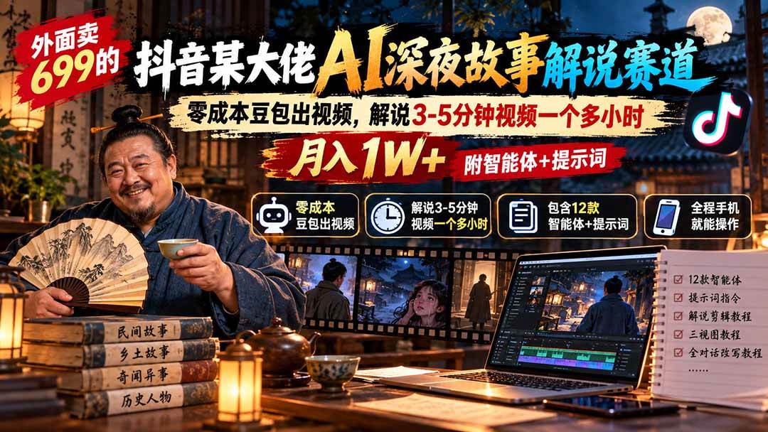 （20853期）外面卖699抖音某大佬AI深夜故事解说赛道-更新：0成本豆包出视频+解说3-5分钟视频一个多小时，月入1W+附智能体+提示词-UUY
