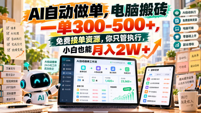 AI自动做单，电脑搬砖一单300-500+，免费接单资源，你只管执行，小白也能月入2W+【揭秘】-UUY