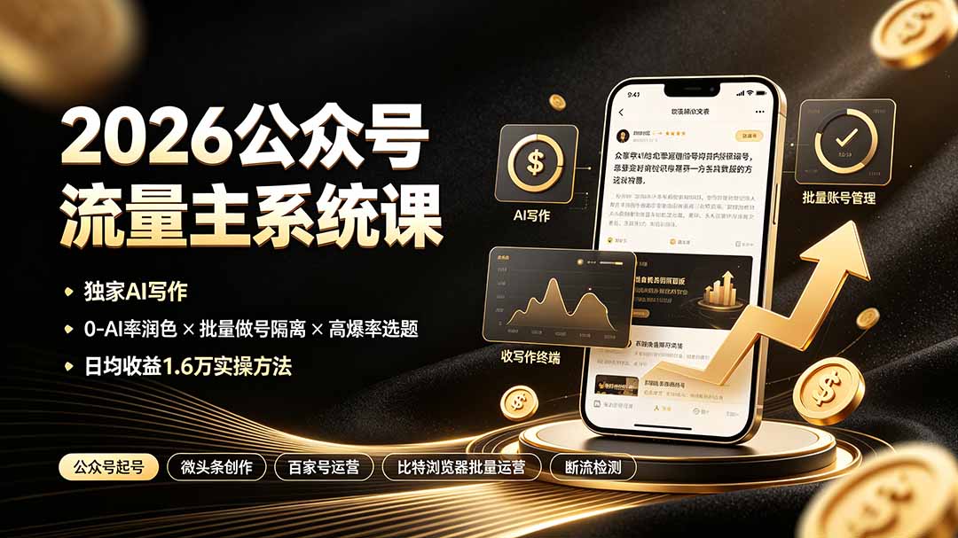 2026公众号流量主系统课：独家AI写作×0-AI率润色×批量做号隔离×高爆率选题，日均收益1.6万实操方法-UUY