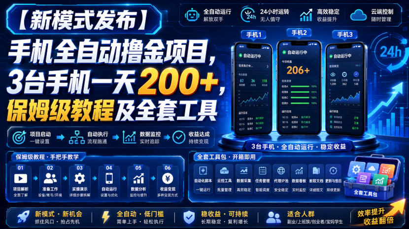 【新模式发布】手机全自动撸金项目，3台手机一天200+，保姆级教程及全套工具【揭秘】-UUY
