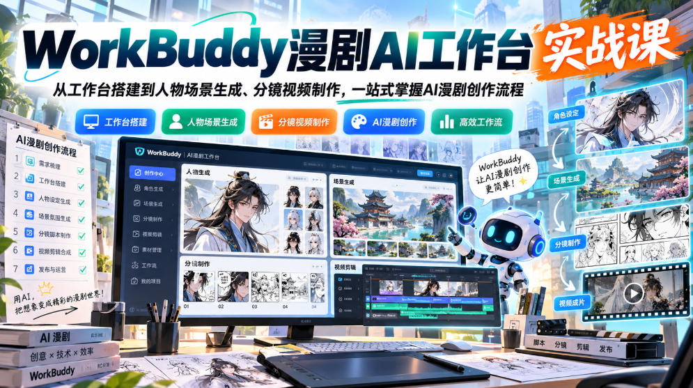 WorkBuddy漫剧AI工作台实战课：从工作台搭建到人物场景生成、分镜视频制作，一站式掌握AI漫剧创作流程-UUY