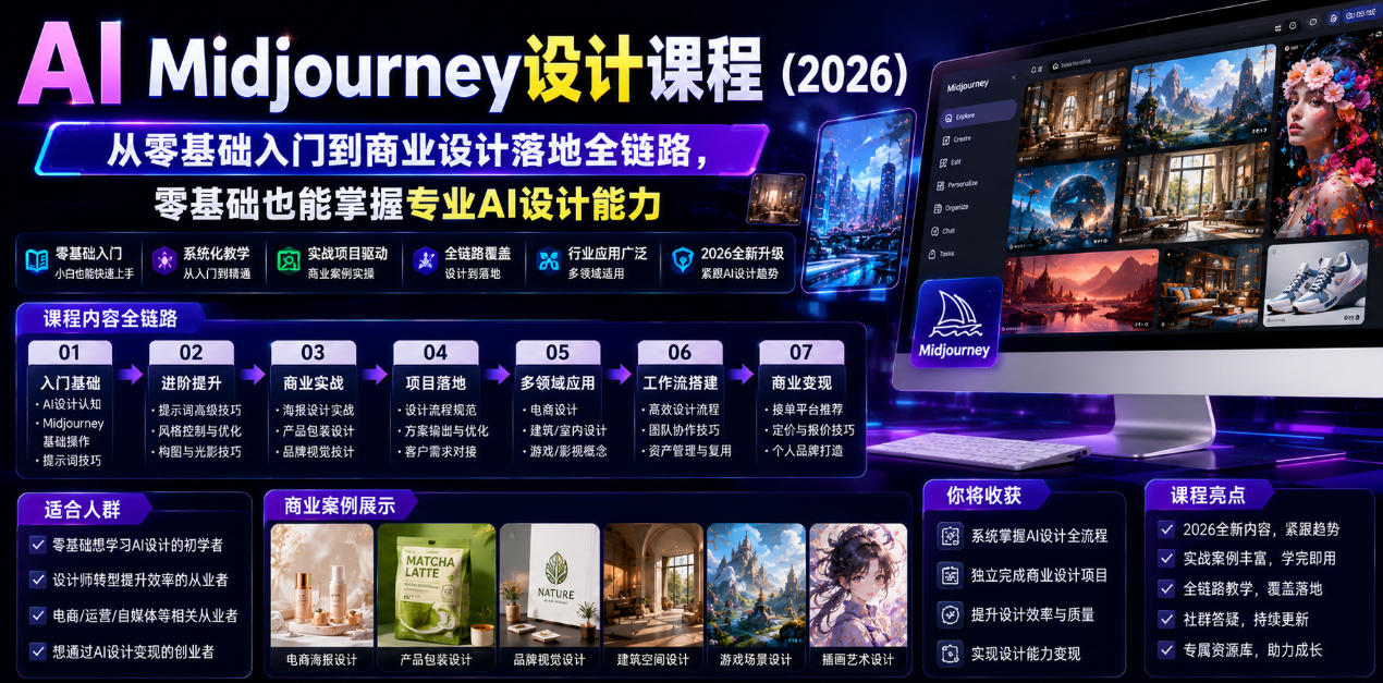 AI Midjourney设计课程（2026），从零基础入门到商业设计落地全链路，零基础也能掌握专业AI设计能力（更新1007）-UUY