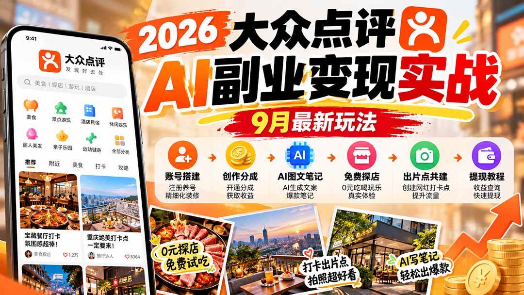 （20873期）2026大众点评AI副业变现实战9月最新玩法：账号搭建+创作分成+AI图文笔记+免费探店+出片点共建与提现教程-UUY