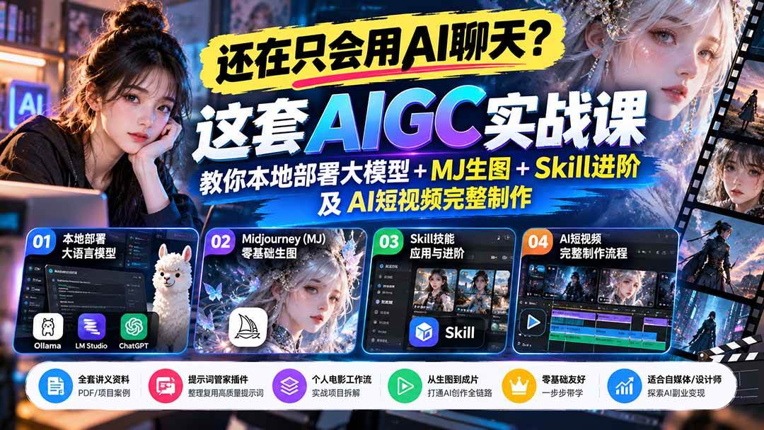 （21135期）【无水印】还在只会用AI聊天？这套AIGC实战课教你本地部署大模型+MJ生图+Skill进阶及AI短视频完整制作-UUY