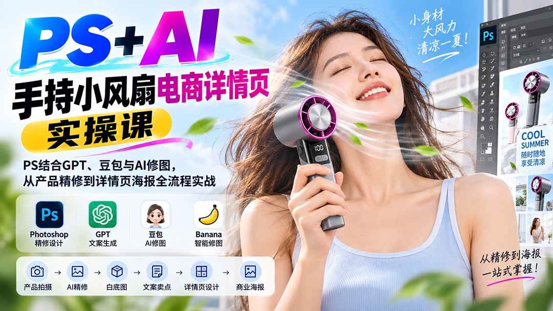 （20273期）PS+AI手持小风扇电商详情页实操课：PS结合GPT、豆包与AI修图，从产品精修到详情页海报全流程实战-UUY