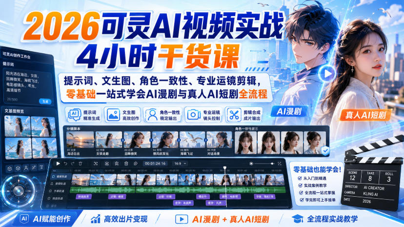 2026可灵AI视频实战4小时干货课｜提示词、文生图、角色一致性、专业运镜剪辑，零基础一站式学会AI漫剧与真人AI短剧全流程-UUY