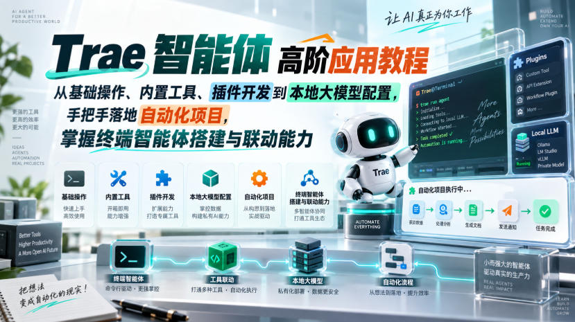 Trae智能体高阶应用教程，从基础操作、内置工具、插件开发到本地大模型配置，手把手落地自动化项目-UUY
