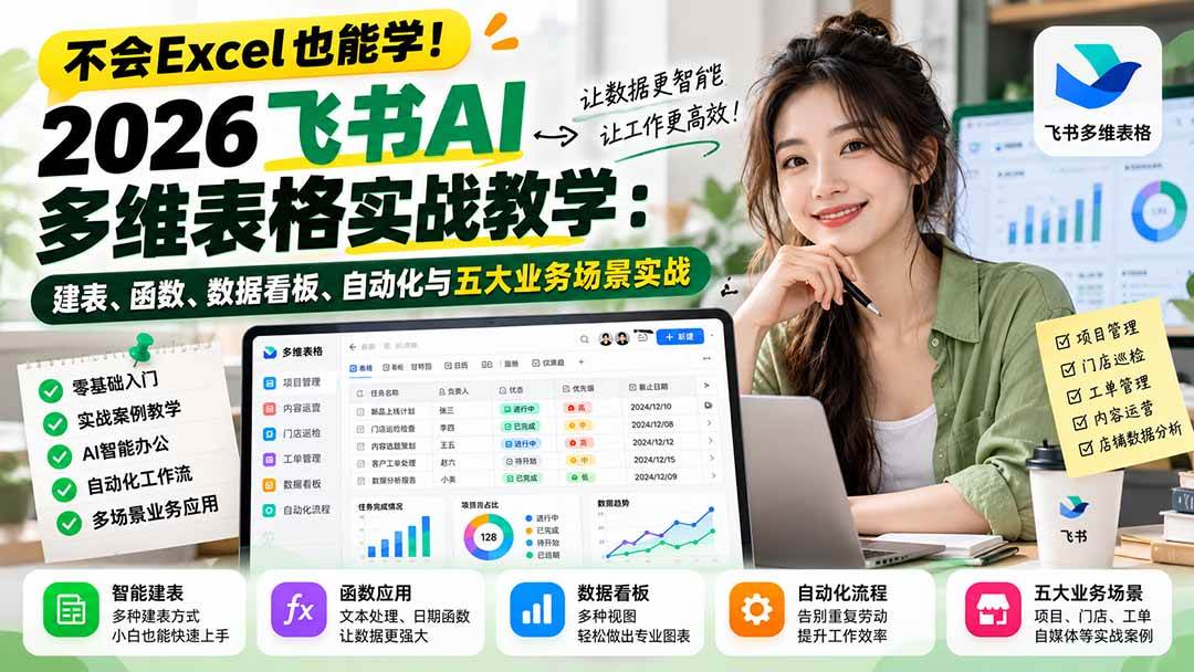 （21153期）不会Excel也能学！2026飞书AI多维表格实战教学：建表、函数、数据看板、自动化与五大业务场景实战-UUY