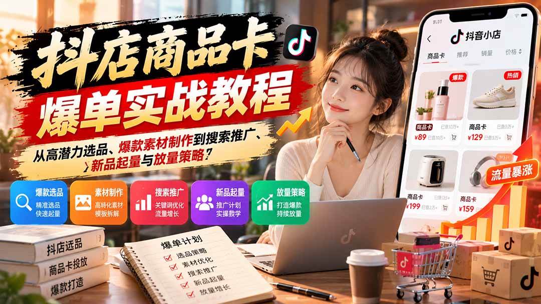 （21148期）抖店商品卡爆单实战教程：从高潜力选品、爆款素材制作到搜索推广、新品起量与放量策略-UUY