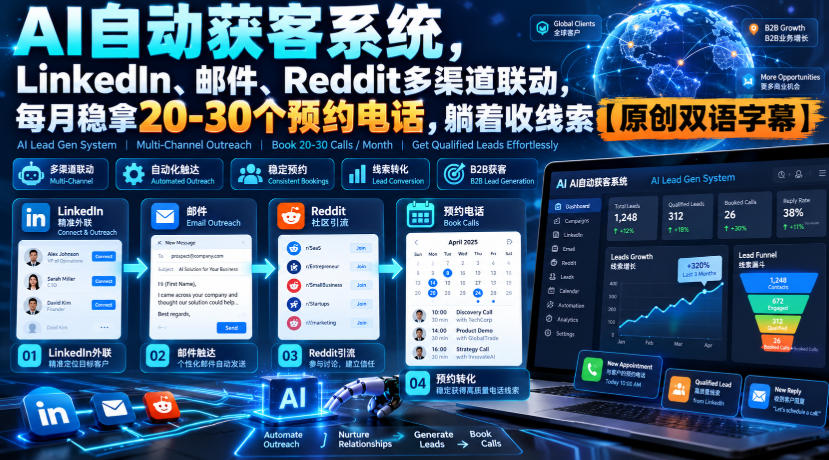 【无水印】AI自动获客系统，LinkedIn、邮件、Reddit多渠道联动，每月稳拿20-30个预约电话，躺着收线索【原创双语字幕】-UUY