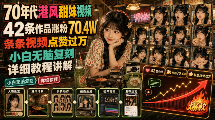 70年代港风甜妹视频，42条作品涨粉70.4W，条条视频点赞过万，小白无脑复刻，详细教程讲解-UUY