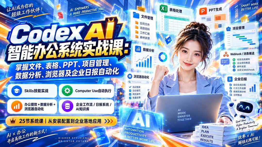 （20446期）Codex AI智能办公系统实战课：掌握文件、表格、PPT、项目管理、数据分析、浏览器及企业日报自动化-UUY