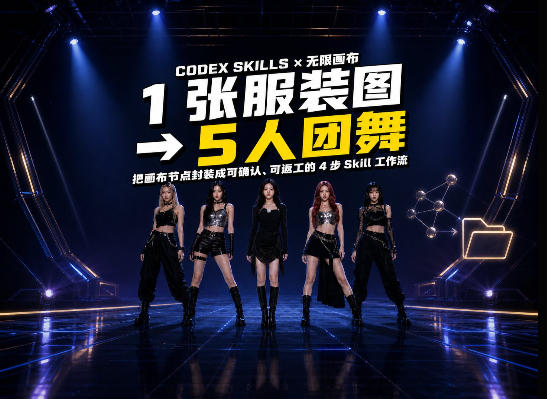一张服装图生成五人团舞视频：我把 Codex+无限画布工作流做成了Skill-UUY