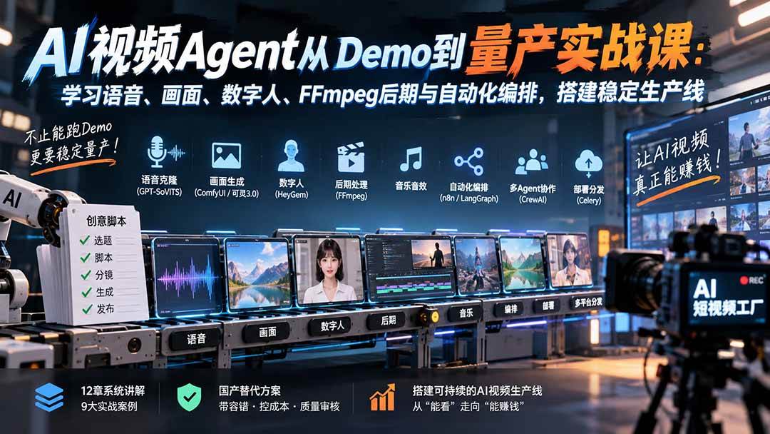 （20451期）AI视频Agent从Demo到量产实战课：学习语音、画面、数字人、FFmpeg后期与自动化编排，搭建稳定生产线-UUY