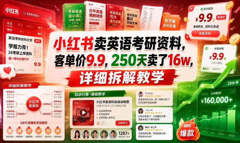 小红书卖英语考研资料，客单价9.9，250天卖了16w，详细拆解教学-UUY