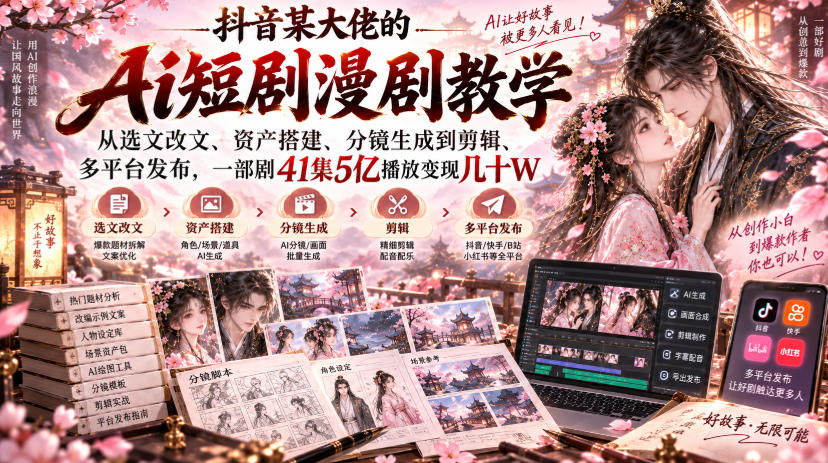 抖音某大佬的Ai短剧漫剧教学，从选文改文、资产搭建、分镜生成到剪辑、多平台发布，一部剧41集5亿播放变现几十W-UUY